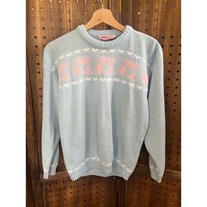 Jamknits Baby Blue with Pink Bears Crewneck Sweater Women's Medium 1980s Vtg